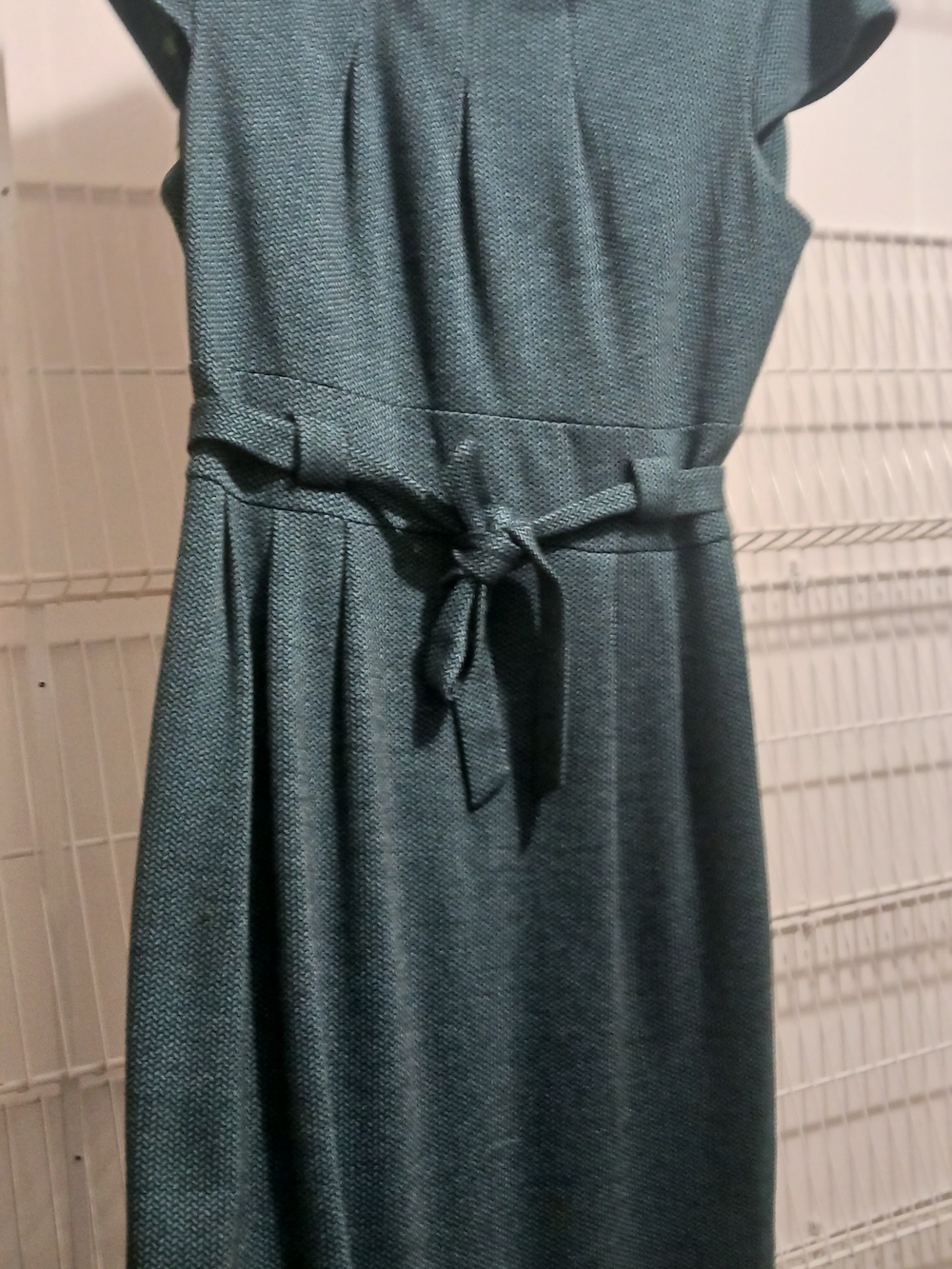 Calvin Klein Dark Teal Textured Midi Dress with Self-Tie Waist